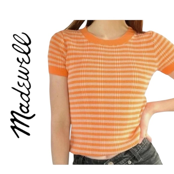 Madewell Tops - Madewell Ringer Tee Sweater Stretch Cotton Ribbed Knit Orange Tan Stripe Sz S
